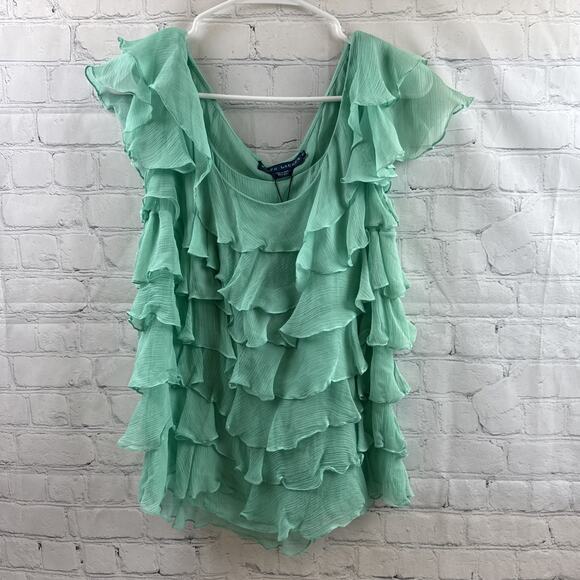 Ralph‎ Lauren Mint Green Top Blue Label SSKIR SP2P 100% Silk Ruffle Sz 12 - Picture 2 of 9